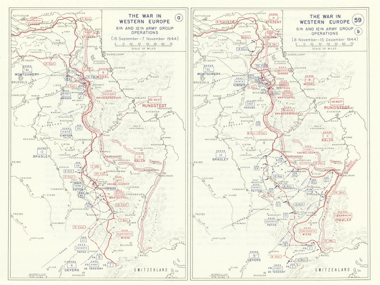 World War 2. Western Front Sept-Dec 1944. 6th & 12th Army Group Ops 1959 map